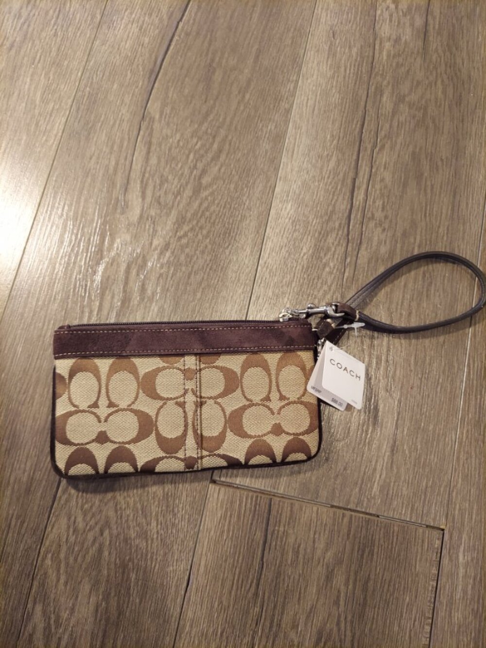 NWT Coach Signature Brown Khaki Wristlet Wallet Pouch Clutch Canvas Leather Zip - Picture 3 of 9